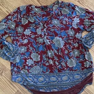 Lucky Brand Burgundy and Blue Floral Blouse